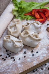 Making of homemade dumplings pastry tortellini or ravioli. Model for home made pasta filled with meat. Preparing organic meal on a wooden desk.