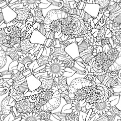 Seamless tea and coffee doodle pattern with paisley and flowers. Ethnic zentangle pattern template can be used for menu, wallpaper, pattern fills, coloring books for kids and adults. Hand Drawn.