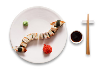 Set of sushi unagi and rolls isolated at white.