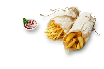 Fries and potato wedges wrapped takeaway at wood