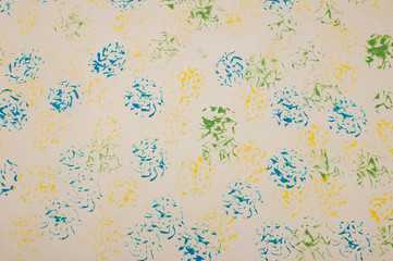 pattern of blue, yellow, green, stamp made in gouache on a white background 5-6 years old children