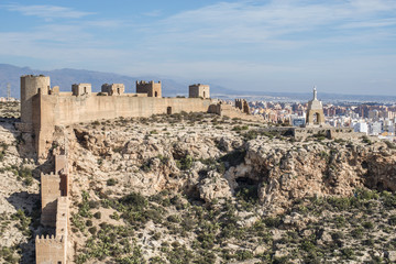 Panoramic view from Alcazaba of the Moorish Castle and ancient walls of Jayran. Almeria, Andalusia, Spain.