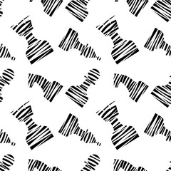 Seamless vector chaotic pattern with black decorative lined chess pieces. Black and white background. Series of Gaming and Gambling Patterns.