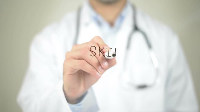 Skin , Doctor writing on transparent screen