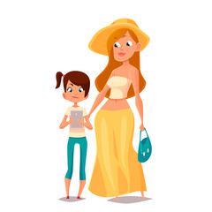Cartoon mother and daughter, vector illustration comic isolated on white background mother and daughter walk together in summer, daughter is writing something in phone, mother goes to shlyame skirt
