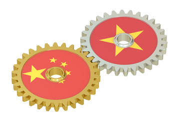 Chinese and Vietnamese flags on a gears, 3D rendering