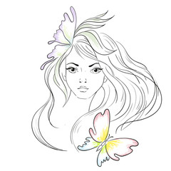 Beautiful girl with long hair. Line art vector illustration