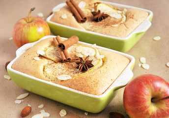 Homemade apple cake on a paper background, selective focus, closeup