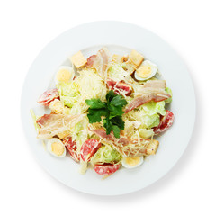 Salad with bacon, boiled egg and parmesan. 