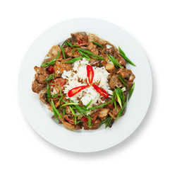 Chicken liver with mushrooms and rice. 