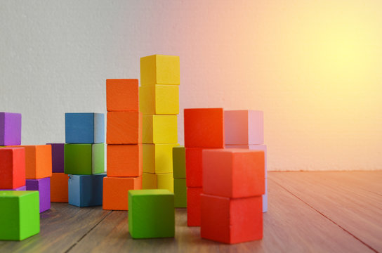 Colorful Stack Of Wood Cube Building Blocks