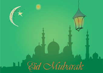 Creative greeting card design for holy month of muslim community festival Eid Mubarak with moon and hanging lantern, stars on green background.