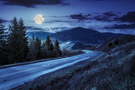 mountain road near the coniferous forest with cloudy sky at nigh