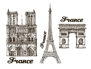 Travel. Hand drawn sketch France. Vector illustration