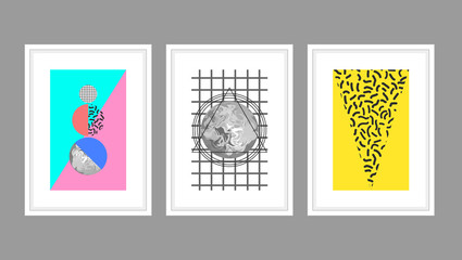 Abstract wall art poster vector set in memphis style with geometric shapes. Planets and textured triangles in white A4 frames.