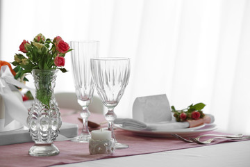 Beautiful served table for wedding or other celebration in restaurant