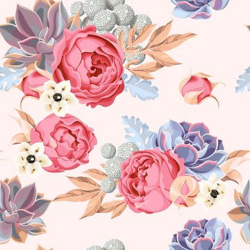 Seamless succulent and peony roses