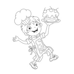 Coloring Page Outline Of cartoon Boy chef with cake