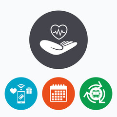 Life insurance sign. Hand holds heart.