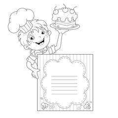 Coloring Page Outline Of cartoon Boy chef with cake. Menu