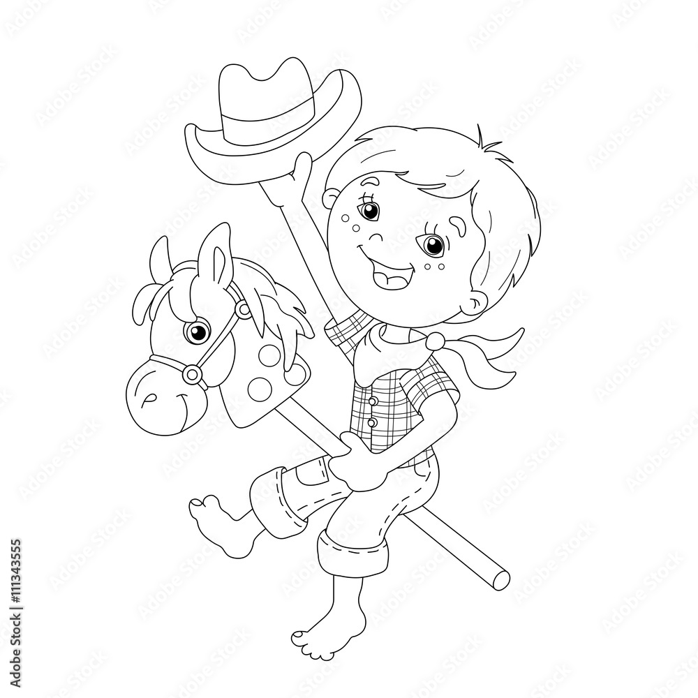 Wall mural Coloring Page Outline Of cartoon Boy playing cowboy with toy hor