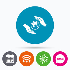 Worldwide insurance sign. Hands protect cover.