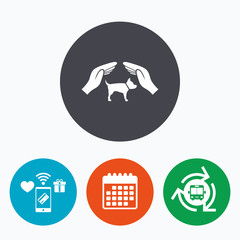 Protection of animals pets sign icon. Hands.