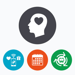 Head with heart sign icon. Male human head.