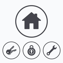 Home key icon. Wrench service tool symbol.