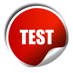 test, 3D rendering, red sticker with white text