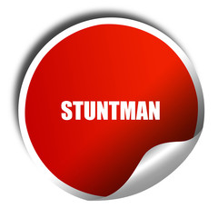 stuntman, 3D rendering, red sticker with white text