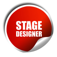 stage designer, 3D rendering, red sticker with white text