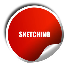 sketching, 3D rendering, red sticker with white text