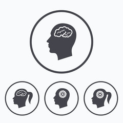 Head with brain icon. Male and female human symbols.