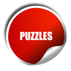 puzzles, 3D rendering, red sticker with white text