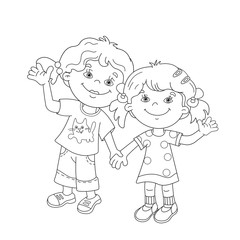 Coloring Page Outline Of cartoon girls holding hands
