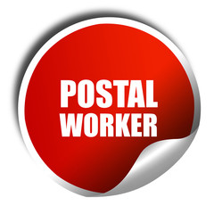 postal worker, 3D rendering, red sticker with white text