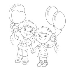 Coloring Page Outline Of cartoon girls with balloons