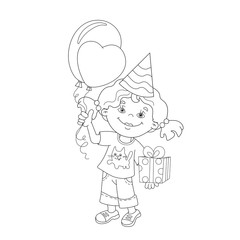 Coloring Page Outline Of girl with gift and balloons