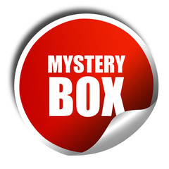 mystery box, 3D rendering, red sticker with white text