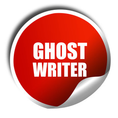 ghost writer, 3D rendering, red sticker with white text