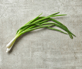 green spring onions on gray stone background