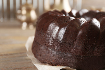 Chocolate muffin cake, on the table, close-up