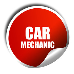 car mechanic, 3D rendering, red sticker with white text