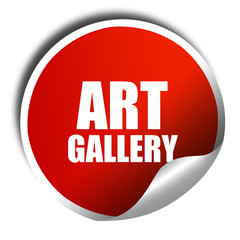 art gallery, 3D rendering, red sticker with white text