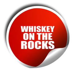 whiskey on the rocks, 3D rendering, red sticker with white text