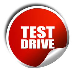 test drive, 3D rendering, red sticker with white text