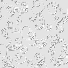 Stylish grey background seamless pattern with white 3d cut paper hearts for Day Valentine.