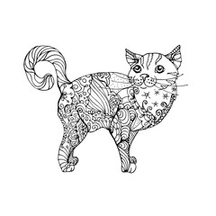 hand drawn ink doodle cat on white background. Coloring page - zendala, design for adults, poster, print, t-shirt, invitation, banners, flyers.