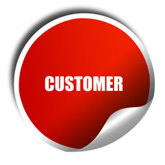 customer, 3D rendering, red sticker with white text